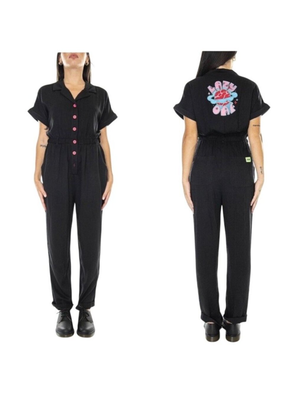 Lazy Oaf Another Planet Black Jumpsuit Women's Size 12 Short Sleeve Embroidered